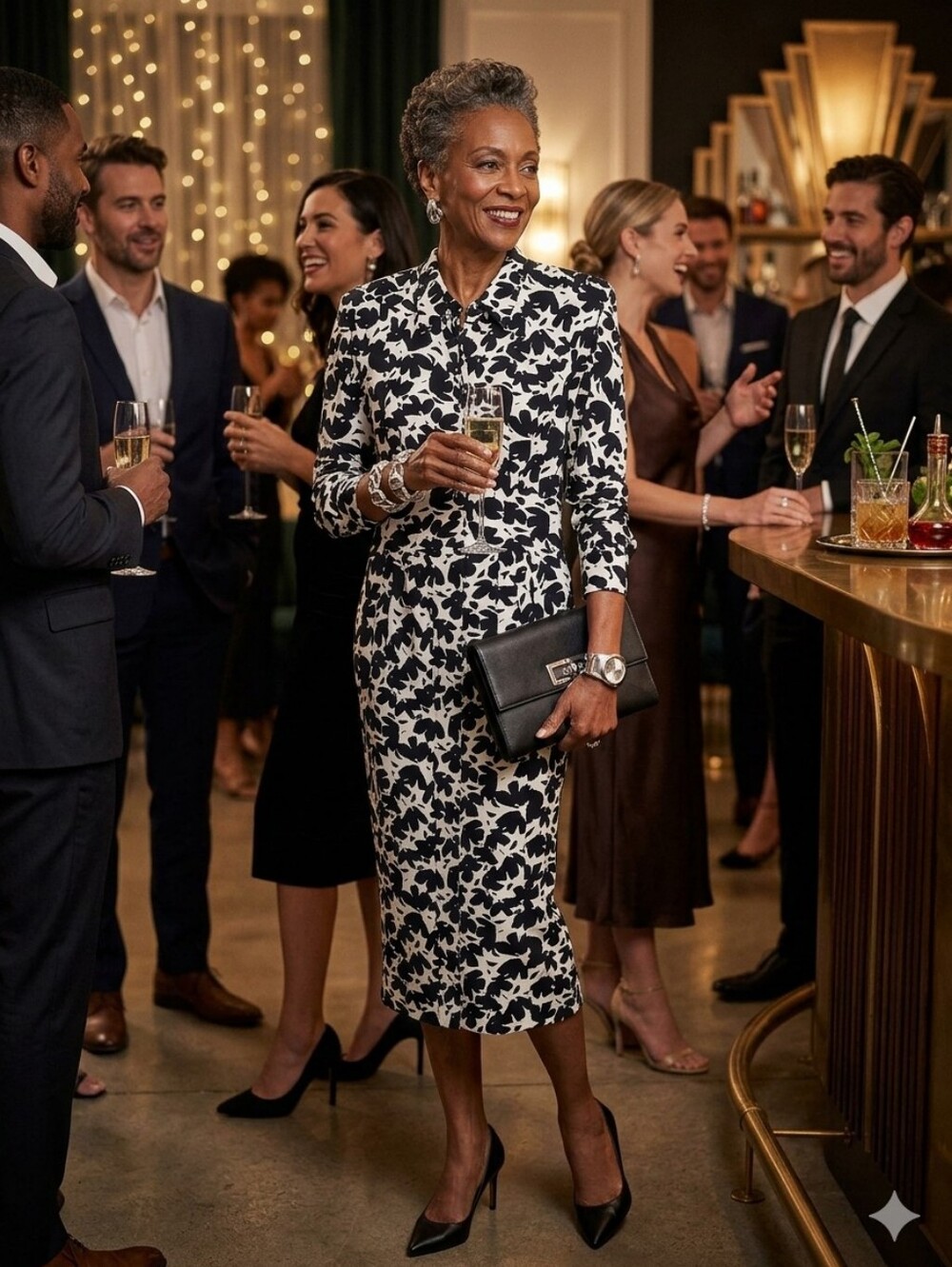 Kenar Black and White Floral Long Sleeve Midi Dress
